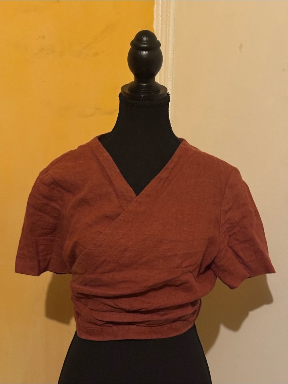 Rust Brown Wrap-Style Linen Women's Top